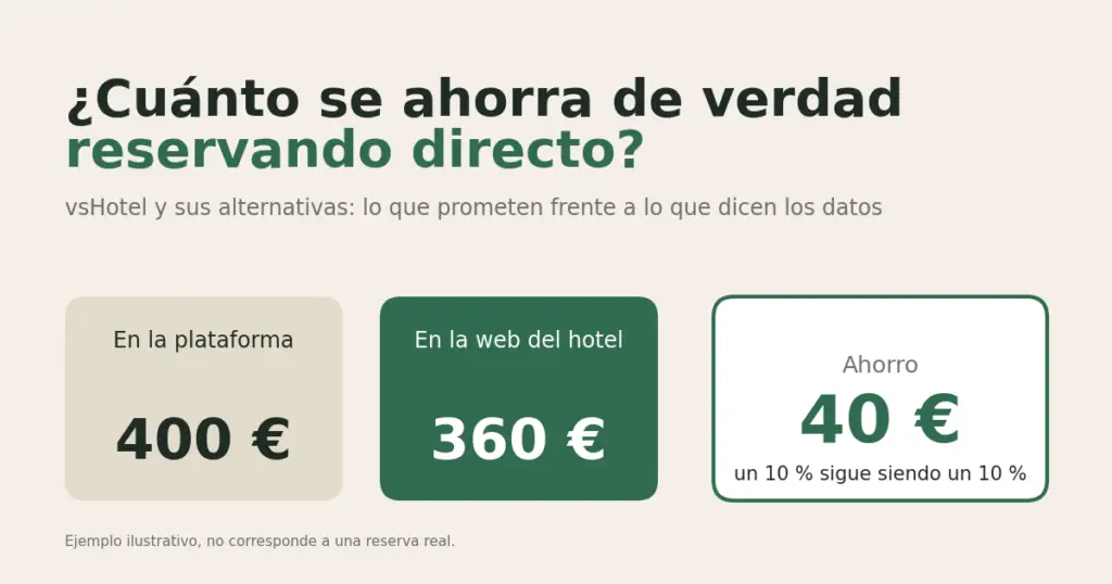Ejemplo ilustrativo: 400 € en la plataforma frente a 360 € en la web del hotel, un ahorro de 40 €